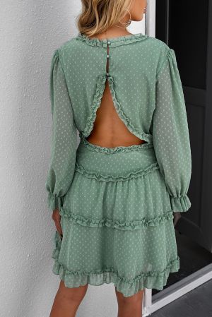 Green Layered Ruffled Open Back Puff Sleeve Swiss Dot Mini Dress