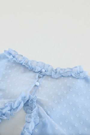 Sky Blue Layered Ruffled Open Back Puff Sleeve Swiss Dot Mini Dress