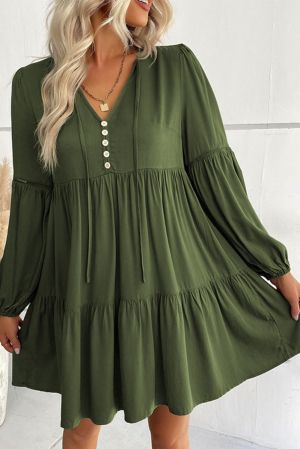 Дамска къса рокля с дълъг ръкав в зелено