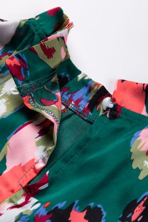 Green Abstract Print Smocked Cuffs Frilled Neck Blouse