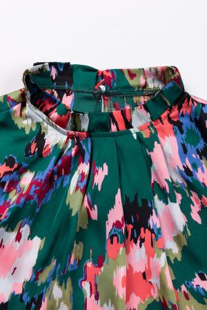 Green Abstract Print Smocked Cuffs Frilled Neck Blouse