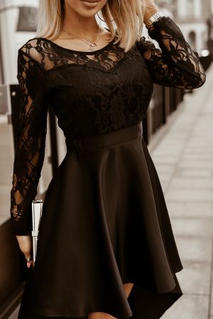Дълга дамска рокля в черен цвят с дантела и сатенена долна част