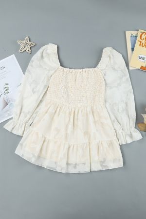 Beige Square Neck Smocked Puff Sleeve Blouse