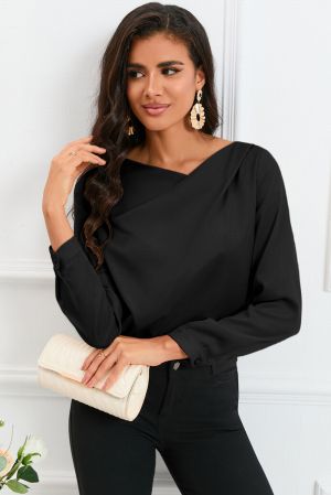 Дамска елегантна блуза в черен цвят с дълъг ръкав и асиметрично деколте