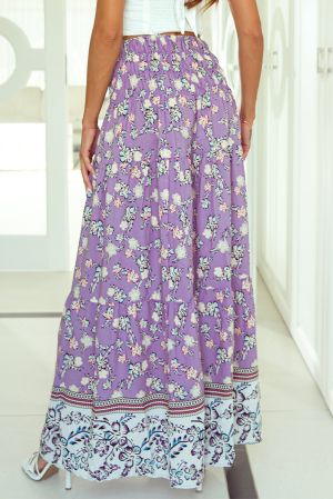 Дамска дълга пола в лилаво с флорален принт