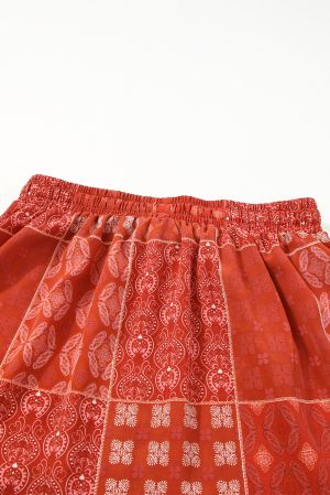 Fiery Red Bohemian Mix Print Long Flared Skirt