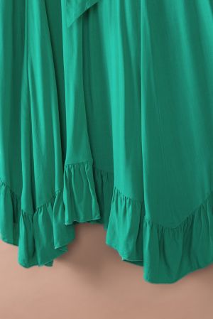 Green Asymmetric Flounce Belted High Waist Maxi Skirts