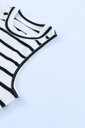 White Striped Print Ribbed O-neck Sleeveless Top