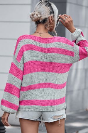 Дамски пуловер на райе в розово и сиво