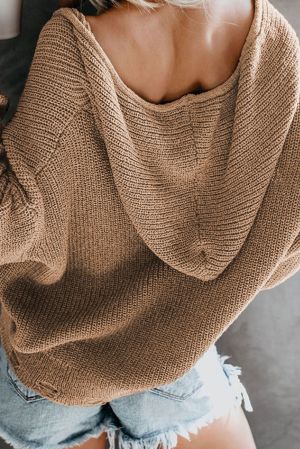 Khaki Zipper V-neck Dropped Sleeve Hooded Solid Sweater