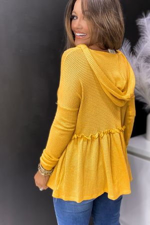 Дамска блуза в жълто с дълъг ръкав и качулка