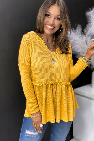 Дамска блуза в жълто с дълъг ръкав и качулка