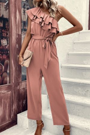 Dusty Pink One Shoulder Ruffle Trim Belted Jumpsuit