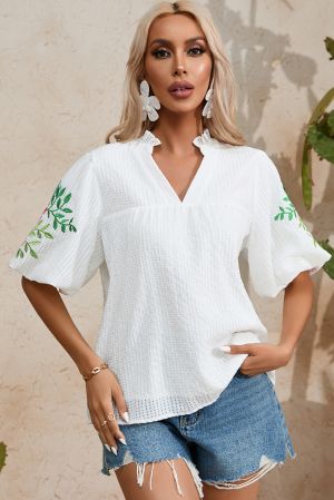 White Floral Embroidered Puff Sleeve Notched Neck Blouse