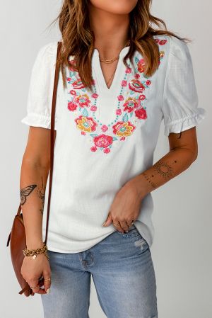White Floral Embroidered Ruffled Puff Sleeve Blouse
