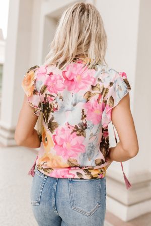 Дамска блуза с къс ръкав, принт на цветя и връзки с пискюли