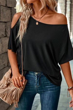 Black Solid Asymmetrical Neck Loose Casual T-Shirt