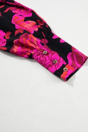 Rose Floral Print V Neck Wrap Bishop Sleeve Ruffle Tiered Mini Dress