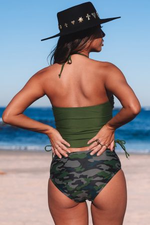 Green Camouflage Print Halter Neck Backless Two-piece Swimsuit