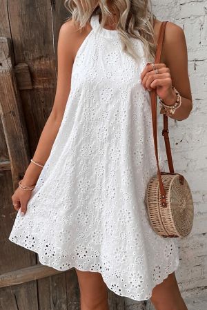 Дамска къса рокля в бяло без ръкави, 100% памук