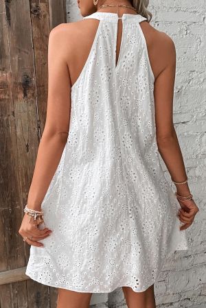 Дамска къса рокля в бяло без ръкави, 100% памук