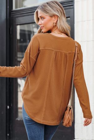 Brown Waffle Knit Half Button Henley Top