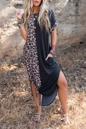 Дамска дълга рокля с леопардов принт, цепка и джобове
