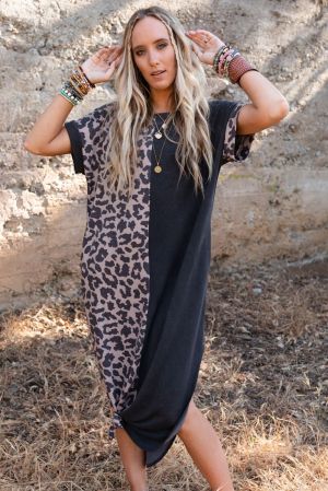 Дамска дълга рокля с леопардов принт, цепка и джобове