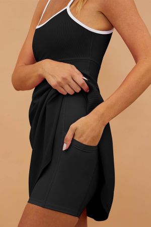 Дамска черна рокля за плуване, с регулируеми презрамки и практичен джоб