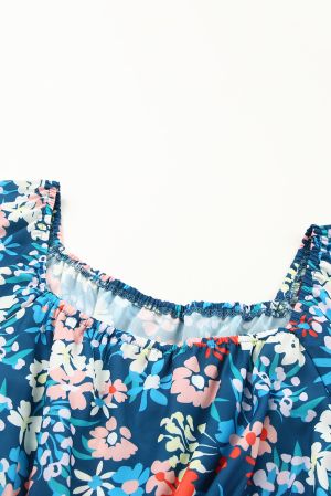 Blue Square Neck Ruffle Floral Dress