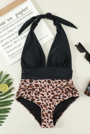 Plunge V Neck Colorblock Leopard Bottoms One-piece Swimsuit