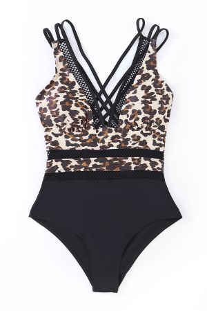 Leopard Splicing Deep V Neck Criss Cross One-piece Swimwear