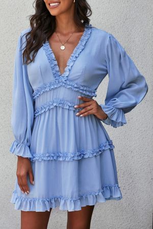 Дамска синя рокля с дълъг ръкав и ефектен гръб