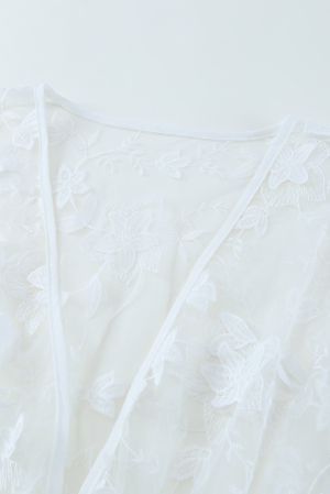 White Floral Mesh Lace Crochet Open Front Kimono
