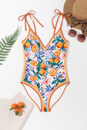 Orange Fruit Plant Print Tied Straps V Neck One Piece Swimsuit