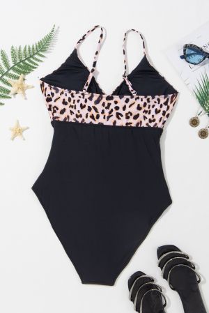 Black Animal Print Belted Ruched V Neck One-piece Swimsuit