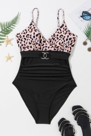 Black Animal Print Belted Ruched V Neck One-piece Swimsuit