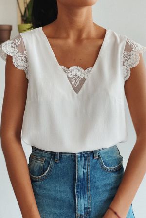 White Lace Patchwork Lace-up Backless V Neck Blouse