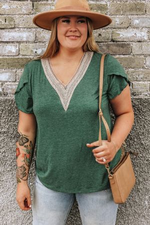 Blackish Green Plus Size Embroidery V Neck Draped Sleeve Blouse