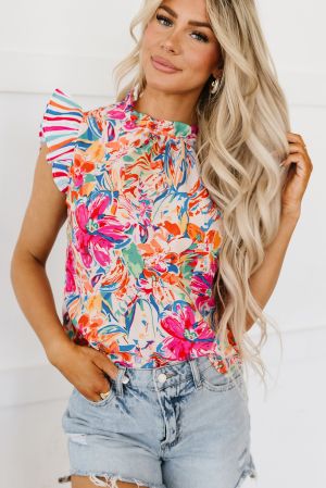 Multicolor Abstract Striped Patchwork Ruffled Short Sleeve Blouse