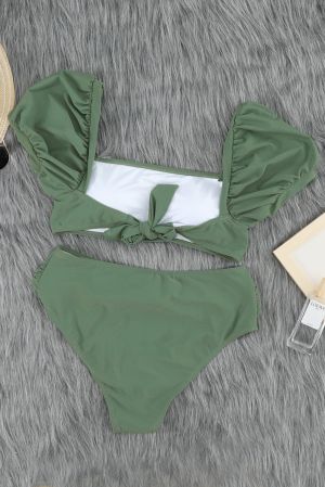 Green Sexy Bubble Sleeves High waisted swimsuits