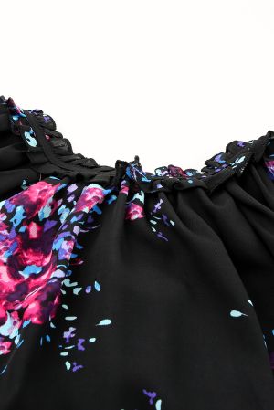 Black Butterfly Sleeves Split V Neck Tie-dye Print Blouse
