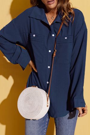 Blue Solid Pocket Long Sleeve Button-up Shirt