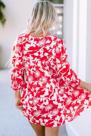 Fiery Red Floral Print Puff Sleeve Split Neck Babydoll Mini Dress