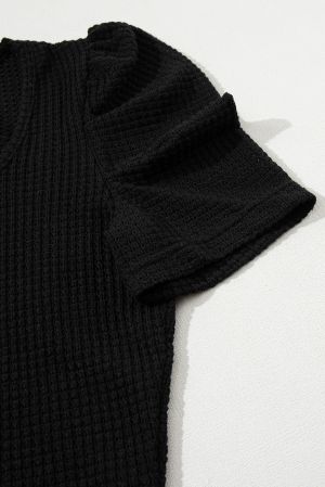 Black Waffle Knit Ruched Puff Sleeve Top