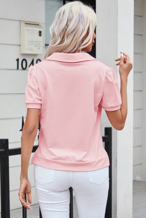 Pink Collared V Neck Puff Sleeve T-shirt
