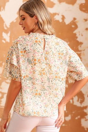 Дамска блуза с къси свободни ръкави, флорален принт и бродерия