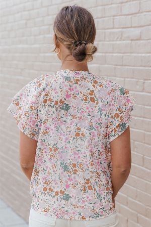 Дамска блуза с къс ръкав, флорален принт и копчета