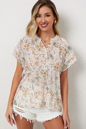 Дамска блуза с къс ръкав, флорален принт и копчета