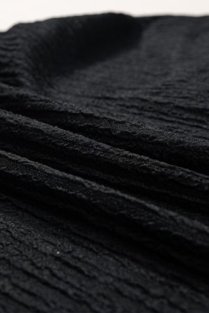 Black Textured Wide Sleeve V Neck T Shirt